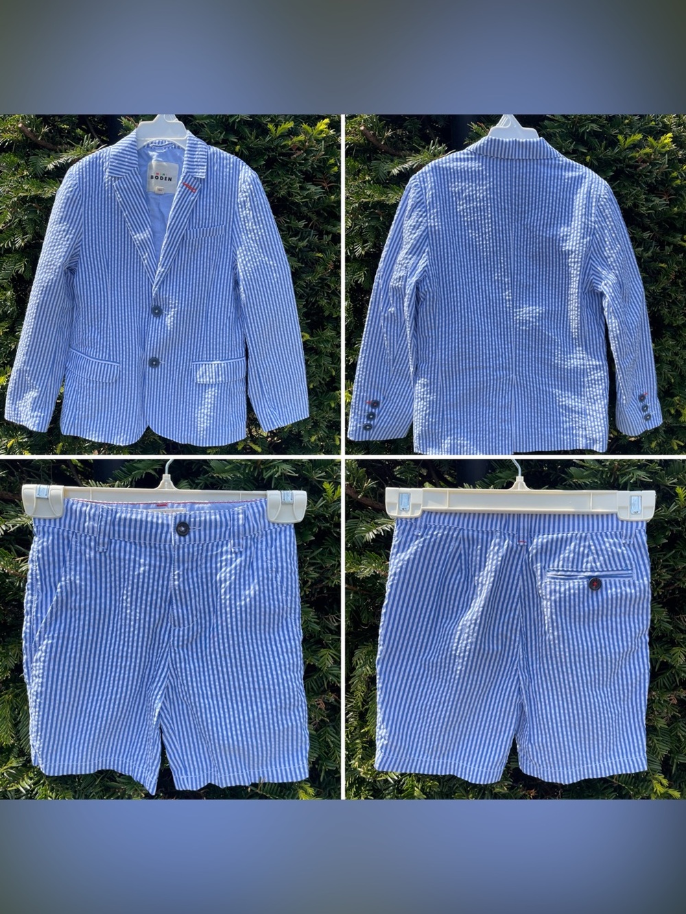 Mini Boden Smart Blazer & Seersucker Chino Shorts set Vintage Blue Stripe, 7-8y